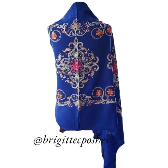 CHALINA Blue Embroidered Shawl  - Picture 4 of 10